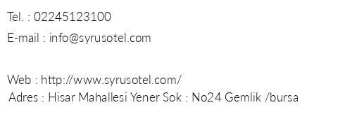Syrus Otel telefon numaralar, faks, e-mail, posta adresi ve iletiim bilgileri
